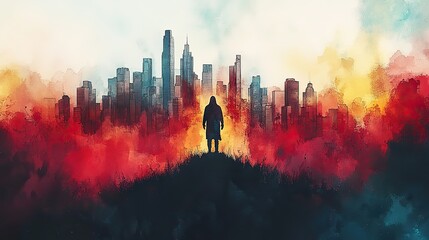 Poster - illustration of resurrection of christ on modern city skyline watercolor illustration