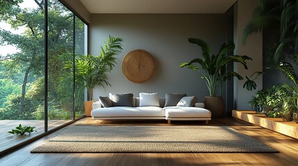 Poster - interior design modern living room with white sofa wooden floor carpet and window with nature view 3d rendering image