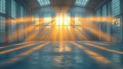 Poster - interior of empty white warehouse with cross in the rays of the sun