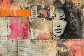Wall Mural - bold collage of torn newspaper scraps and cursive letters on weathered parchment, vibrant feminist s