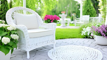 Canvas Print - Relaxing garden seating area with flowers tranquil home patio bright daylight