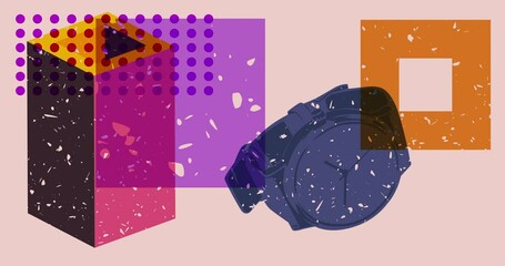 Poster - Risograph wristwatch with geometric shapes animation. Moving object in trendy riso graph design video.