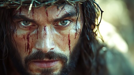 Aufkleber - jesus christ with crown of thorns in the sunligt photorealistic portrait close up