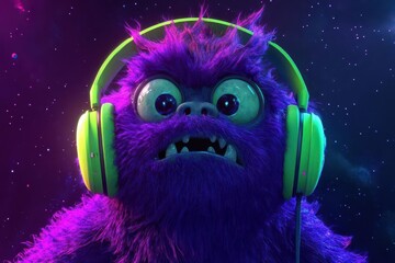 Wall Mural - cartoonish monster in oversized neon green headphones, jaw dropped in awe, vibrant purple fur, dark 