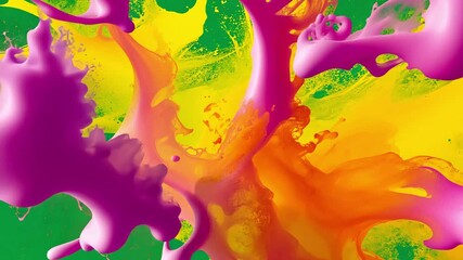 Poster - Multicolored paint splattering, blending, exploding in dynamic patterns against verdant chroma key background with intense liquid motion dispersing