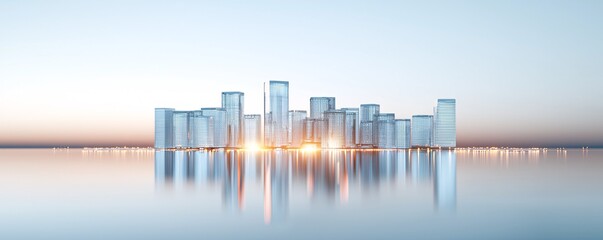 Poster - hyper-tech city skyline at dawn, reflective skyscrapers capturing the soft morning light, urban drone highways crisscrossing the sky, innovative green-energy towers standing tall, ultra-futuristic