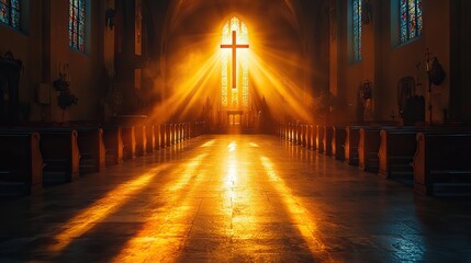 Poster - light of faith sacred light pours through a cross illuminating the church interior