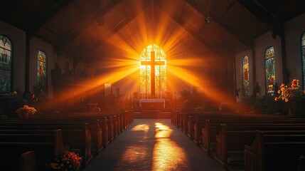 Poster - light of faith sacred light pours through a cross illuminating the church interior