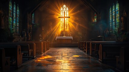 Poster - light of faith sacred light pours through a cross illuminating the church interior