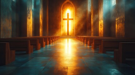 Poster - light of faith warm light streams through a cross shaped window in a tranquil chapel