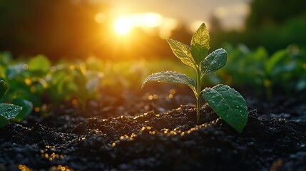 Poster - little seedling in the wet soil after rain sunbeams in the background