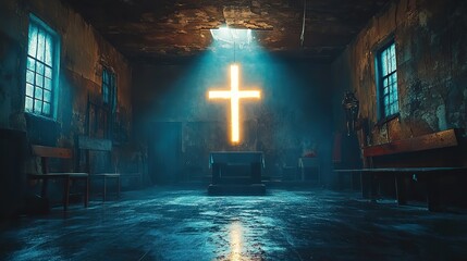 Fototapete - luminous cross in a dark room with light coming from above