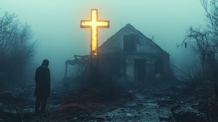 Aufkleber - luminous yellow cross on top of a destroyed house silhouette of a man looking at it in the fog