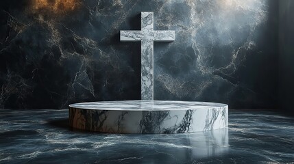 Aufkleber - marble cross with marble podium on dark background 3d rendering