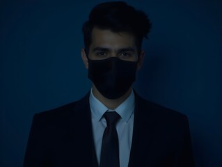 Poster - A man wearing a black mask and a suit on dark blue isolated background...