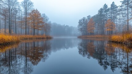 Poster - misty reflections foggy misty morning on the lake with reflection of trees