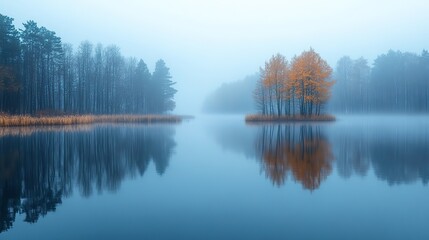 Poster - misty reflections foggy morning on the lake with reflection of trees in water