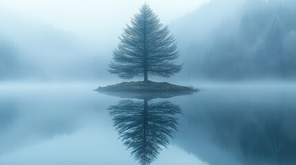 Aufkleber - misty reflections reflection of lone island with trees in the lake misty landscape