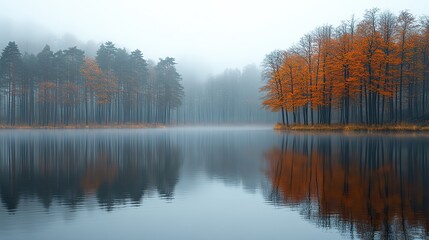 Poster - misty reflections reflection of trees in a lake in foggy weather