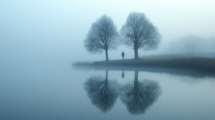 Poster - misty reflections two trees reflecting in a lake in a foggy misty morning