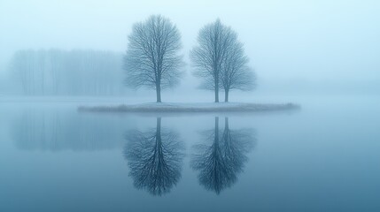 Poster - misty reflections two trees reflecting in a lake in a foggy misty morning