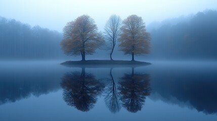 Poster - misty reflections two trees reflecting in a lake in a foggy misty morning