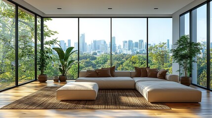 Poster - modern bright interiors living room with view 3d rendering computer generated image