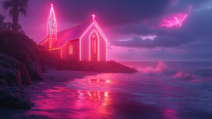 Aufkleber - neon art in dreamy landscapes church with neon lights on the shore