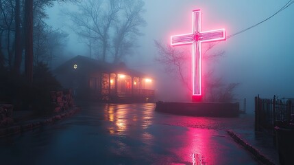 Aufkleber - neon art in dreamy landscapes cross of jesus christ in the morning fog