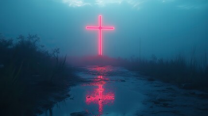Aufkleber - neon art in dreamy landscapes cross of jesus christ in the morning fog