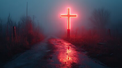 Aufkleber - neon art in dreamy landscapes cross on the road in the misty morning