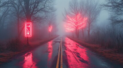 Poster - neon art in dreamy landscapes cross on the road in the misty morning