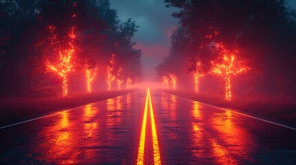 Aufkleber - neon art in dreamy landscapes cross on the road in the misty morning
