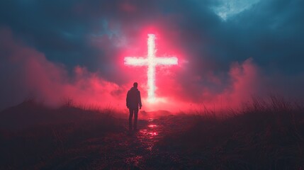 Aufkleber - neon art in dreamy landscapes silhouette of a man standing in front of a bright cross at night