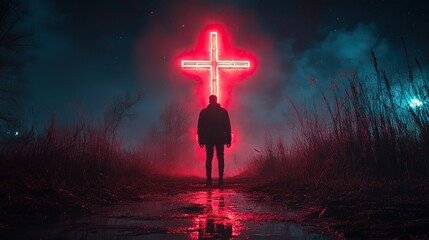 Aufkleber - neon art in dreamy landscapes silhouette of a man standing in front of a bright cross at night
