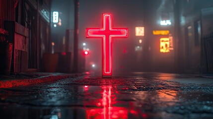 Aufkleber - neon cross on the street in a foggy night
