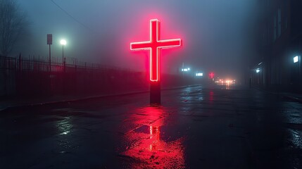 Aufkleber - neon cross on the street in a foggy night