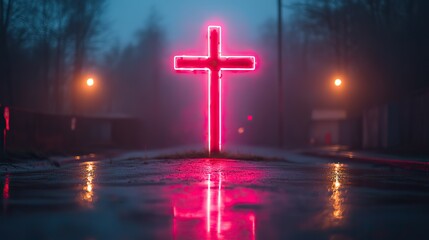 Aufkleber - neon cross on the street in a foggy night