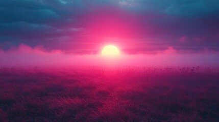 Leinwandbilder - neon text art in dreamy landscapes foggy sunrise over a field with with neon word future