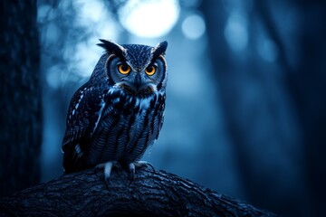 Large owl is perched on a tree branch in the dark