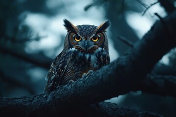 Large owl is perched on a tree branch in the dark