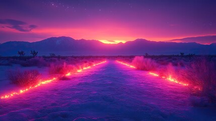 Poster - neon text art in dreamy landscapes glowing words bla bla bla in the sand at night