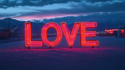Aufkleber - neon text art in dreamy landscapes love sign in the desert the word love is made of glowing letters