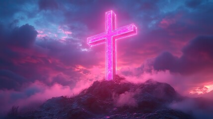 Aufkleber - neon text art in dreamy landscapes neon cross with jesus sign on top of a mountain beautiful sunrise over the sea of fog