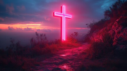 Aufkleber - neon text art in dreamy landscapes neon cross with jesus sign on top of a mountain beautiful sunrise over the sea of fog