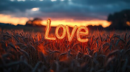 Aufkleber - neon text art in dreamy landscapes sunset over a wheat field with the word love in the middle