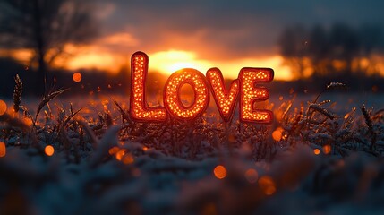 Leinwandbilder - neon text art in dreamy landscapes sunset over a wheat field with the word love in the middle