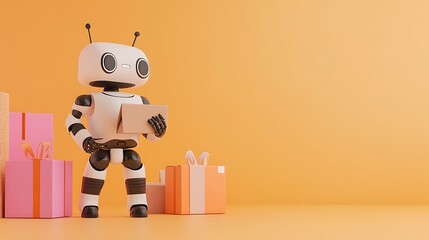 Poster - 3d rendering of a robot with shopping bag and gift boxes on orange background