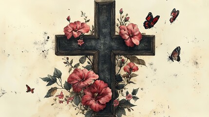 Poster - old school vintage illustration christian cross with spring flowers and butterfly