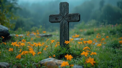 Aufkleber - old wooden cross on the meadow with green grass and flowers
